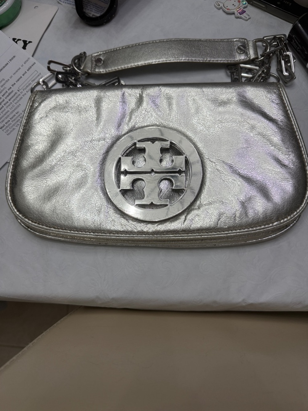 Tory Burch Metallic Silver Logo Crossbody/Wristlet - Picture 1 of 10